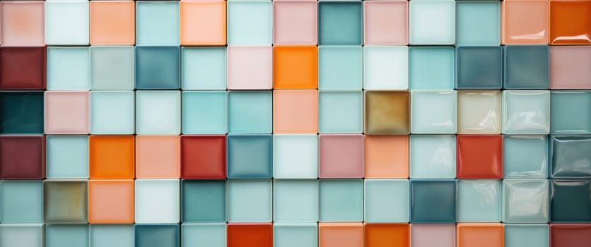 a white, pale, pink, orange, brown, yellow and rose colored wall of tiles.