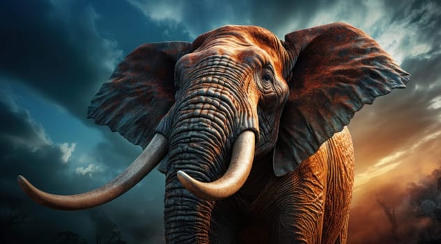 an elephant in tusks with white feathers.