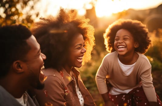 an african american family laughing together at sunset.