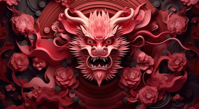 an abstract red dragon surrounded by paper decor .