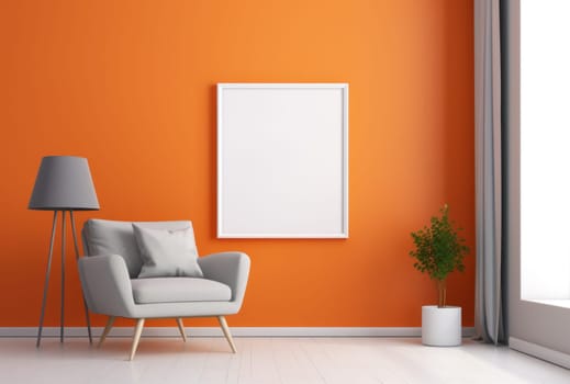 an orange chair and wooden table next to a blank canvas.