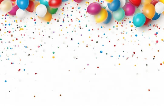 colorful balloons and birthday gift on a white table,.