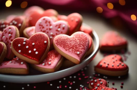 beautiful heart shaped cookies are piled up on a plate.