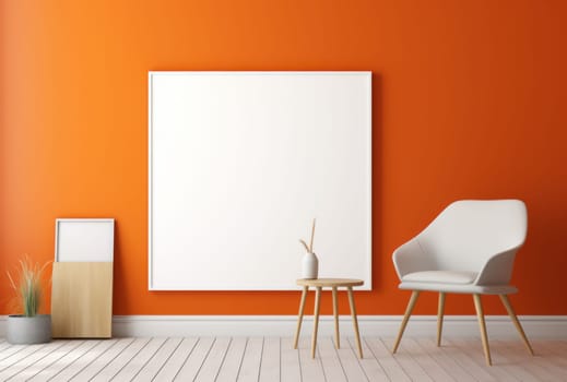 an orange chair and wooden table next to a blank canvas.