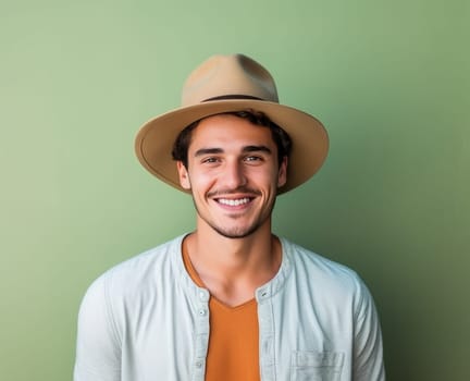 a young man wearing a hat is looking in the direction of his camera.