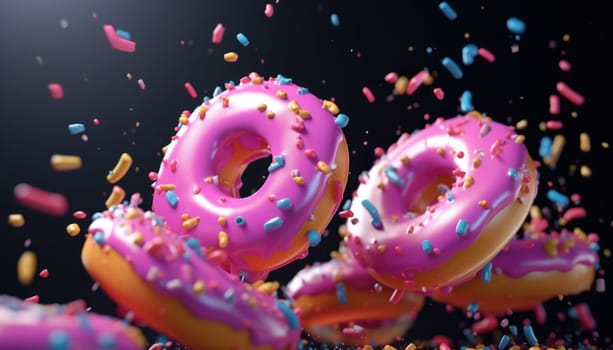 donuts fly into the air and sprinkle colored sprinkles.