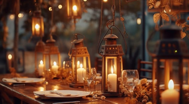 table setting in a restaurant with lanterns and candles.
