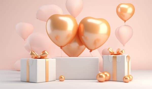 three white boxes filled with balloons, gold and pink hearts.