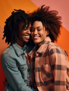 two black Americans hugging and smiling on a brown background.