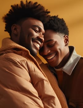 two black Americans hugging and smiling on a brown background.
