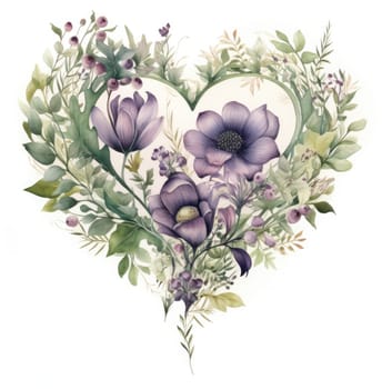 watercolor heart with flowers and leaves.