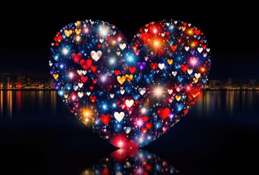 the heart shaped fireworks on the black background.