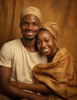 young african couple on brown paper, smiling and arm in arm.
