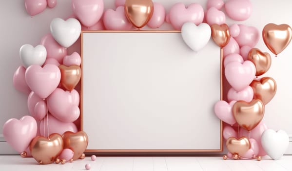 a background with balloons, gold hearts and pink decorations.