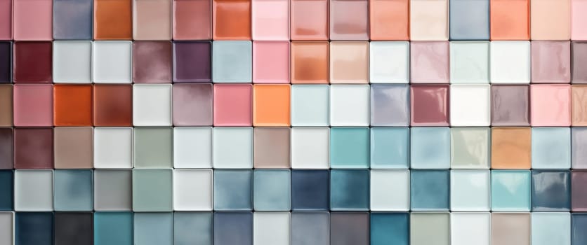 a white, pale, pink, orange, brown, yellow and rose colored wall of tiles.