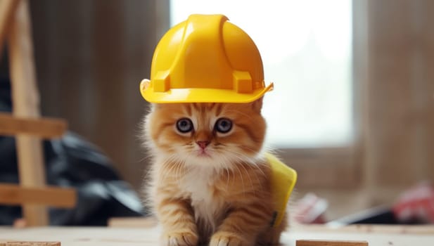 cute kitten in construction safety hat.