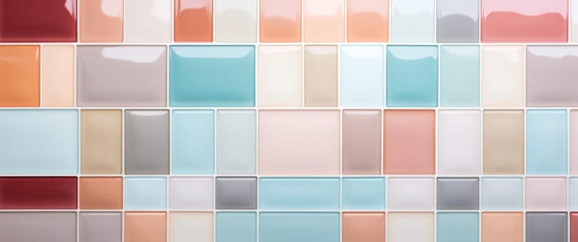 a white, pale, pink, orange, brown, yellow and rose colored wall of tiles.