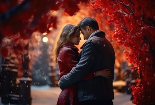 a man and woman hugging in the snow outside in an autumn park hug.