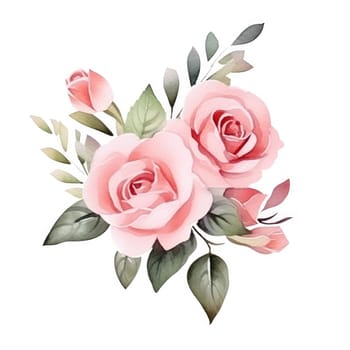 Watercolor pink rose flower and leaf bouquet clipart isolated.