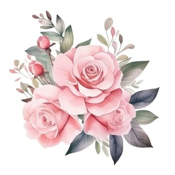 Watercolor pink rose flower and leaf bouquet clipart isolated.