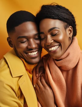 two black Americans hugging and smiling on a brown background.