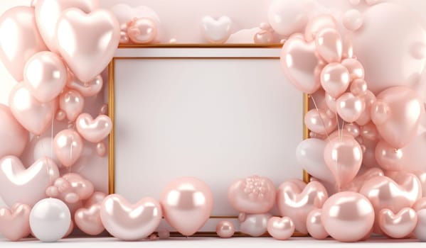 a background with balloons, gold hearts and pink decorations.