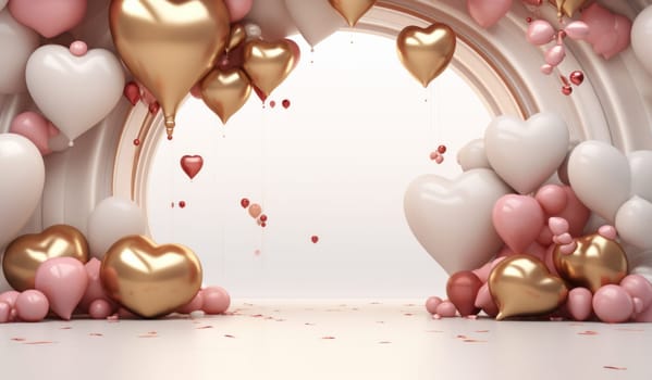 a background with balloons, gold hearts and pink decorations.