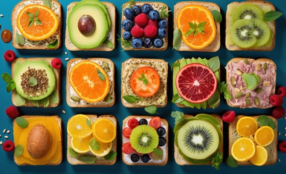 foods, fruit, vitamins and other things on toast.