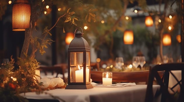 table setting in a restaurant with lanterns and candles.