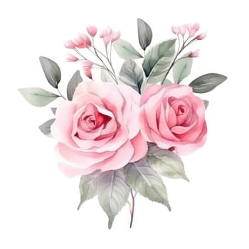 Watercolor pink rose flower and leaf bouquet clipart isolated.