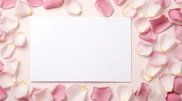 the frame surrounded by pink rose petals and some blank space.