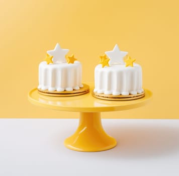 two white star cakes on the top of a cake stand.