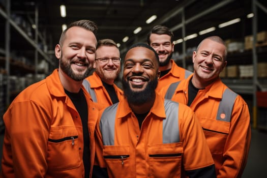 a group of warehouse workers are laughing.