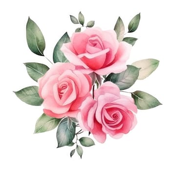 Watercolor pink rose flower and leaf bouquet clipart isolated.