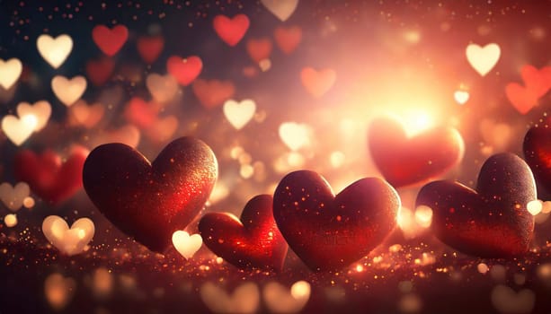 Valentine's day background with hearts and bokeh lights. AI generated