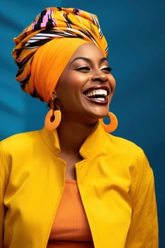 a smiling, colorful african woman wearing a head scarf.