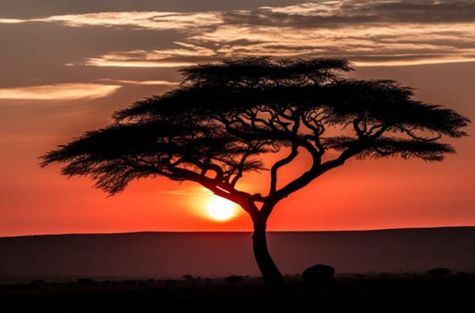 a black and white sunset scene with the silhouette of an acacia tree.