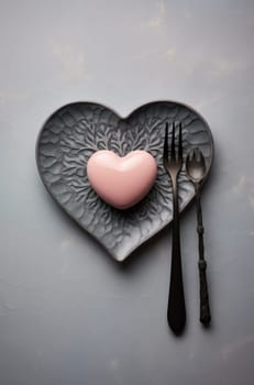 a pink plate with a heart shaped fork and spoon on it.