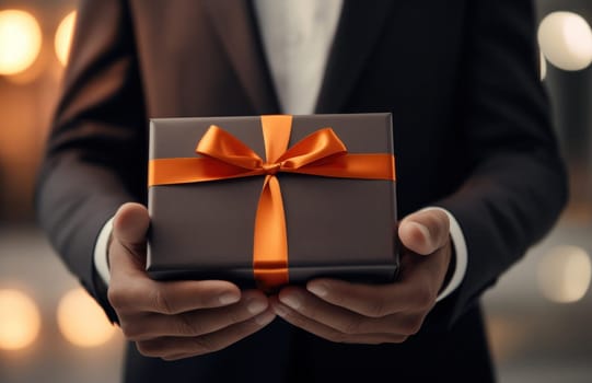a man in a suit is holding a present box in a white box.