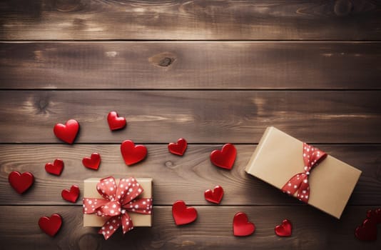 hearts, bows, and valentine boxes on a wooden background.