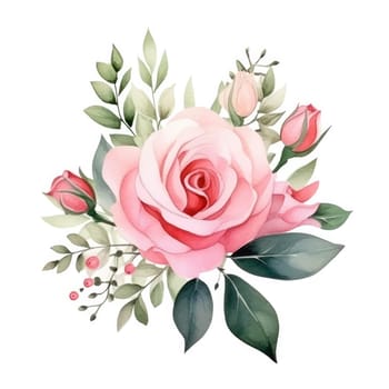 Watercolor pink rose flower and leaf bouquet clipart isolated.