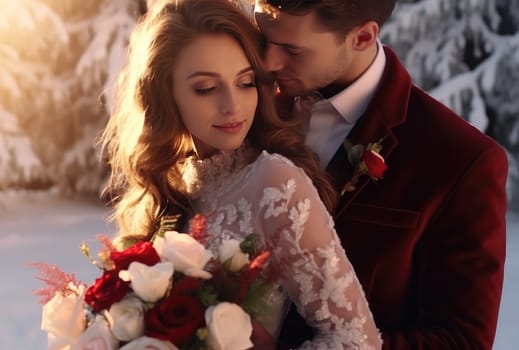 video man in winter hugs with couple on snow.