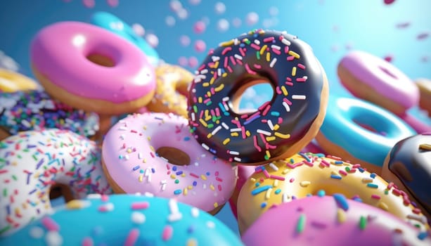 various colorful donuts in the air.