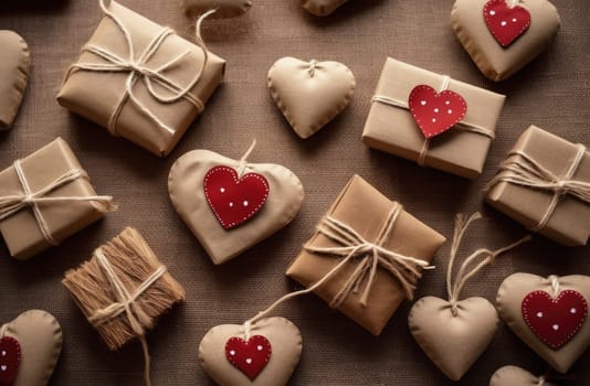 various heartshaped presents laid out on a wooden background.