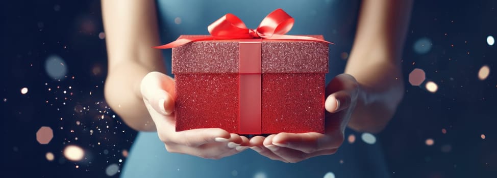 woman opens present in red hand holding gift box.