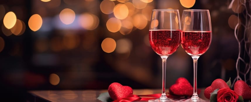 wine glasses and a red rose set on the table.