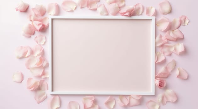the frame surrounded by pink rose petals and some blank space.