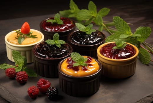 six desserts are topped with berries and mint.