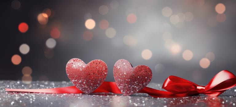 two hearts with ribbon on a grey background.
