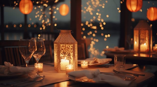 table setting in a restaurant with lanterns and candles.